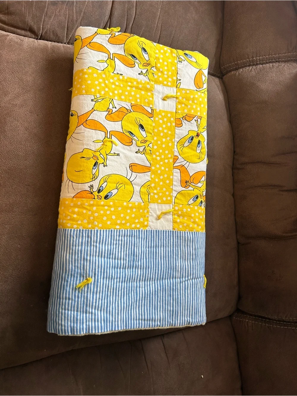 Yellow Tweety Patchwork Baby Quilt with Blue Stripe Border